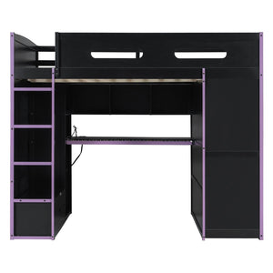 English Elm Full Size Gaming Loft Bed with Rgb Lighting Desk Wardrobe and Mdf Wood Frame LT100261AAI