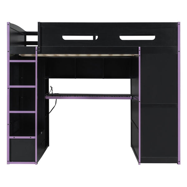 English Elm Full Size Gaming Loft Bed with Rgb Lighting Desk Wardrobe and Mdf Wood Frame LT100261AAI
