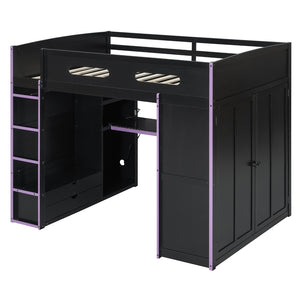 English Elm Full Size Gaming Loft Bed with Rgb Lighting Desk Wardrobe and Mdf Wood Frame LT100261AAI