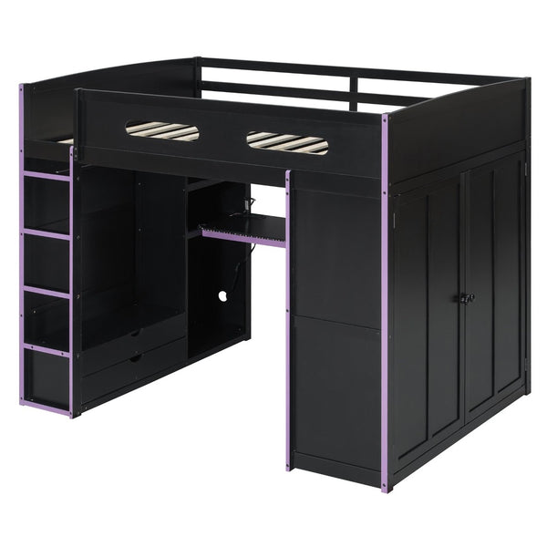 English Elm Full Size Gaming Loft Bed with Rgb Lighting Desk Wardrobe and Mdf Wood Frame LT100261AAI