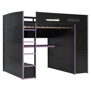 English Elm Full Size Gaming Loft Bed with Rgb Lighting Desk Wardrobe and Mdf Wood Frame LT100261AAI