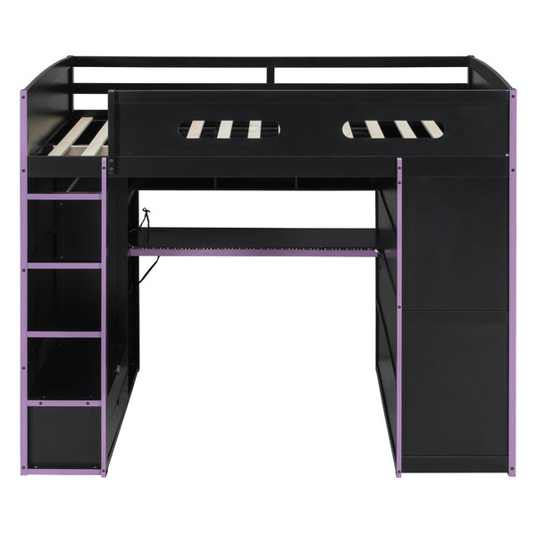 English Elm Full Size Gaming Loft Bed with Rgb Lighting Desk Wardrobe and Mdf Wood Frame LT100261AAI