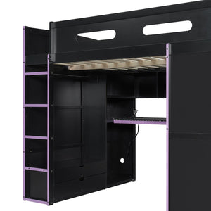 English Elm Full Size Gaming Loft Bed with Rgb Lighting Desk Wardrobe and Mdf Wood Frame LT100261AAI