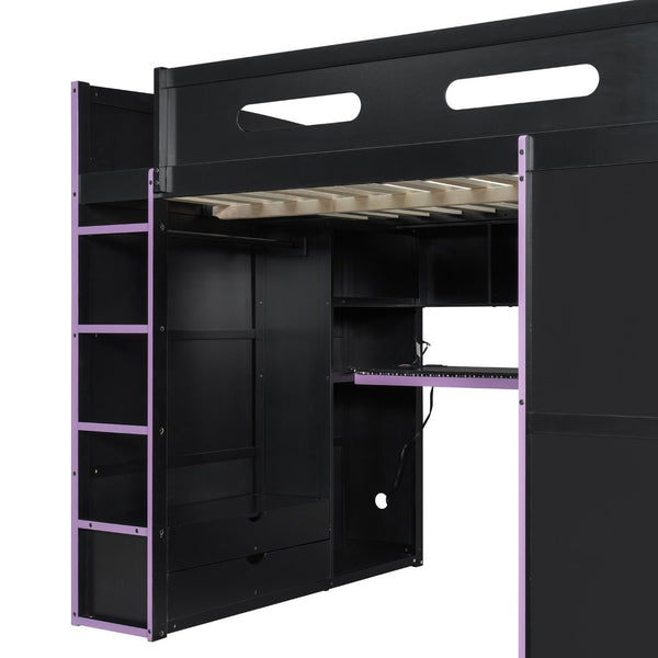 English Elm Full Size Gaming Loft Bed with Rgb Lighting Desk Wardrobe and Mdf Wood Frame LT100261AAI