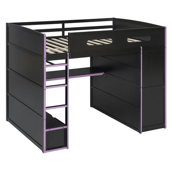 English Elm Full Size Gaming Loft Bed with Rgb Lighting Desk Wardrobe and Mdf Wood Frame LT100261AAI