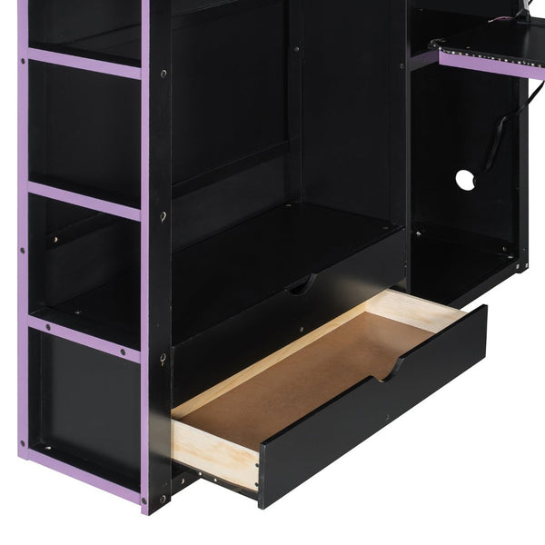 English Elm Full Size Gaming Loft Bed with Rgb Lighting Desk Wardrobe and Mdf Wood Frame LT100261AAI