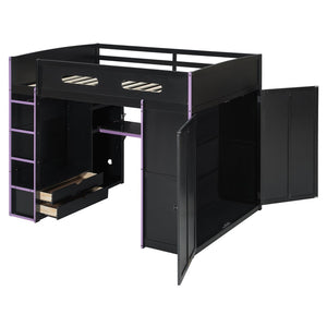English Elm Full Size Gaming Loft Bed with Rgb Lighting Desk Wardrobe and Mdf Wood Frame LT100261AAI