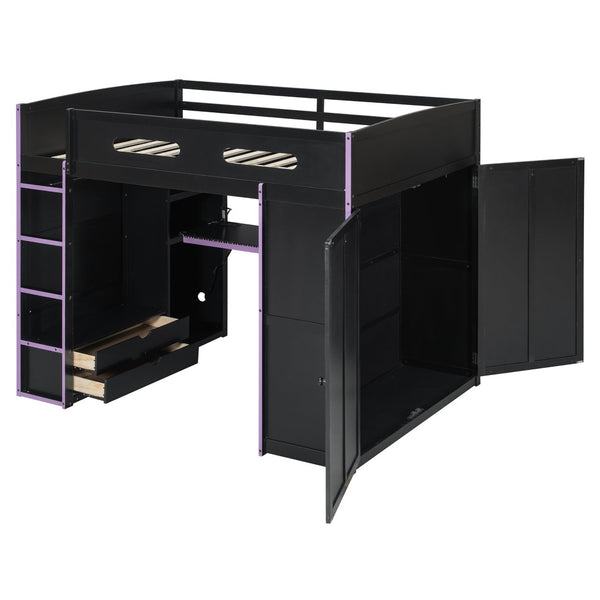 English Elm Full Size Gaming Loft Bed with Rgb Lighting Desk Wardrobe and Mdf Wood Frame LT100261AAI