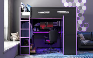English Elm Full Size Gaming Loft Bed with Rgb Lighting Desk Wardrobe and Mdf Wood Frame LT100261AAI