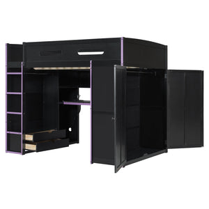 English Elm Full Size Gaming Loft Bed with Rgb Lighting Desk Wardrobe and Mdf Wood Frame LT100261AAI