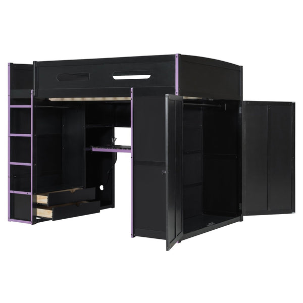 English Elm Full Size Gaming Loft Bed with Rgb Lighting Desk Wardrobe and Mdf Wood Frame LT100261AAI