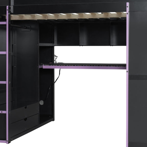 English Elm Full Size Gaming Loft Bed with Rgb Lighting Desk Wardrobe and Mdf Wood Frame LT100261AAI