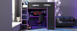 English Elm Full Size Gaming Loft Bed with Rgb Lighting Desk Wardrobe and Mdf Wood Frame LT100261AAI