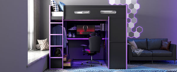English Elm Full Size Gaming Loft Bed with Rgb Lighting Desk Wardrobe and Mdf Wood Frame LT100261AAI