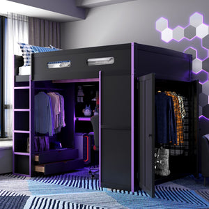English Elm Full Size Gaming Loft Bed with Rgb Lighting Desk Wardrobe and Mdf Wood Frame LT100261AAI