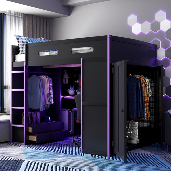English Elm Full Size Gaming Loft Bed with Rgb Lighting Desk Wardrobe and Mdf Wood Frame LT100261AAI