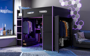 English Elm Full Size Gaming Loft Bed with Rgb Lighting Desk Wardrobe and Mdf Wood Frame LT100261AAI