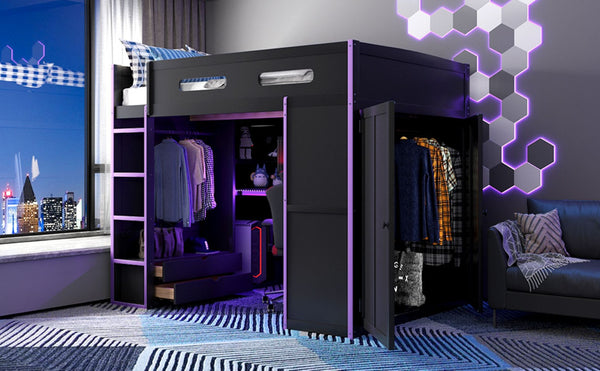 English Elm Full Size Gaming Loft Bed with Rgb Lighting Desk Wardrobe and Mdf Wood Frame LT100261AAI