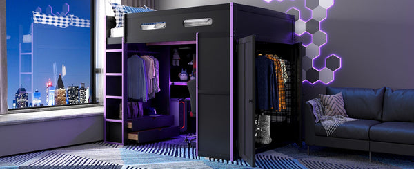 English Elm Full Size Gaming Loft Bed with Rgb Lighting Desk Wardrobe and Mdf Wood Frame LT100261AAI