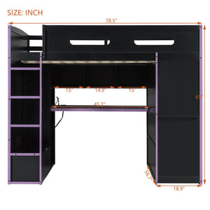 English Elm Full Size Gaming Loft Bed with Rgb Lighting Desk Wardrobe and Mdf Wood Frame LT100261AAI