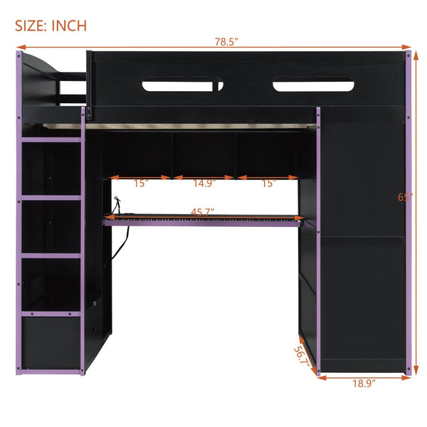 English Elm Full Size Gaming Loft Bed with Rgb Lighting Desk Wardrobe and Mdf Wood Frame LT100261AAI