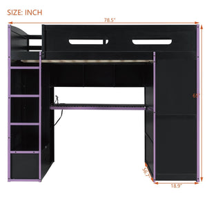 English Elm Full Size Gaming Loft Bed with Rgb Lighting Desk Wardrobe and Mdf Wood Frame LT100261AAI