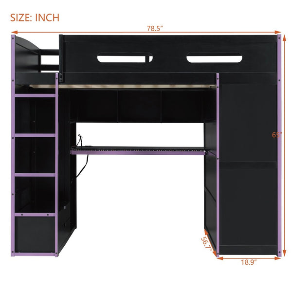 English Elm Full Size Gaming Loft Bed with Rgb Lighting Desk Wardrobe and Mdf Wood Frame LT100261AAI