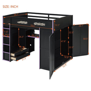 English Elm Full Size Gaming Loft Bed with Rgb Lighting Desk Wardrobe and Mdf Wood Frame LT100261AAI