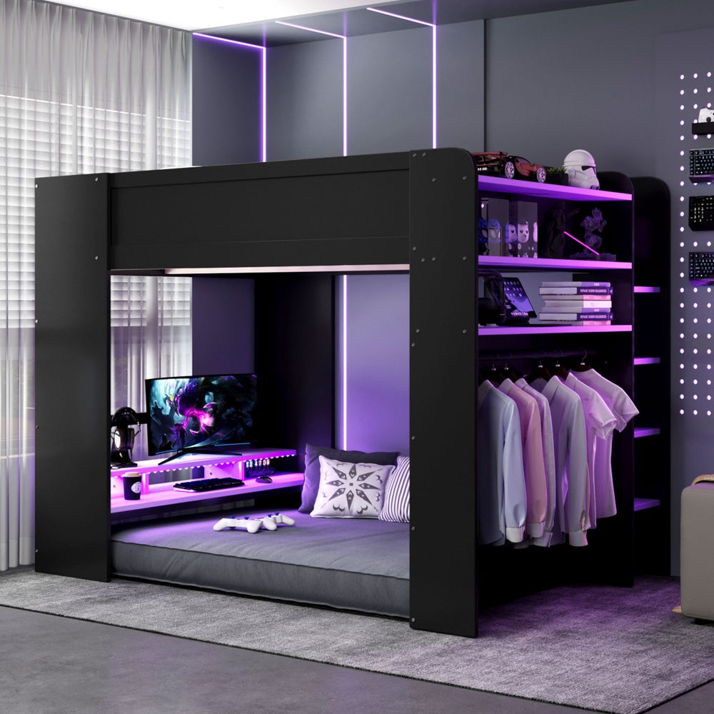 English Elm Full Size Gaming Bunk Bed with Rgb Lighting Desk Wardrobe and Built-in Storage LT100266AAI