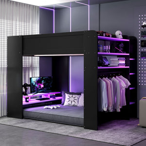 English Elm Full Size Gaming Bunk Bed with Rgb Lighting Desk Wardrobe and Built-in Storage LT100266AAI
