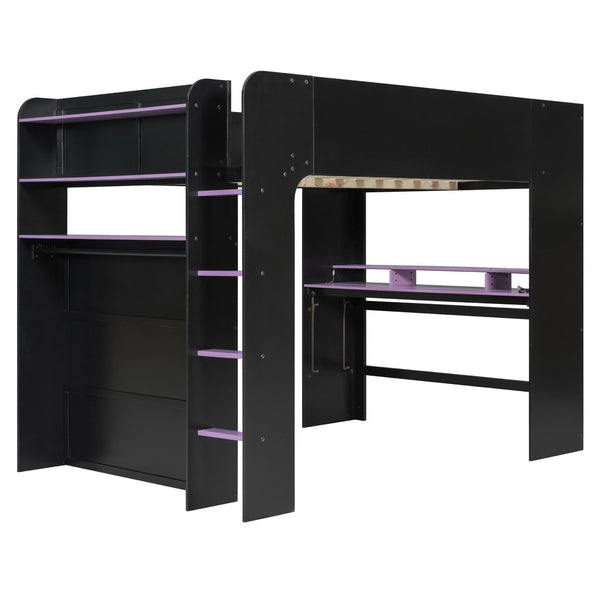 English Elm Full Size Gaming Bunk Bed with Rgb Lighting Desk Wardrobe and Built-in Storage LT100266AAI