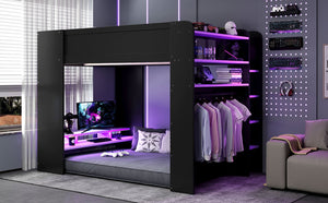 English Elm Full Size Gaming Bunk Bed with Rgb Lighting Desk Wardrobe and Built-in Storage LT100266AAI