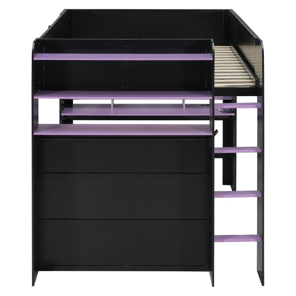 English Elm Full Size Gaming Bunk Bed with Rgb Lighting Desk Wardrobe and Built-in Storage LT100266AAI