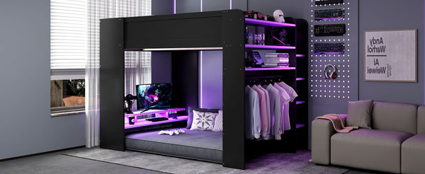 English Elm Full Size Gaming Bunk Bed with Rgb Lighting Desk Wardrobe and Built-in Storage LT100266AAI