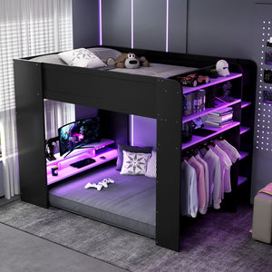 English Elm Full Size Gaming Bunk Bed with Rgb Lighting Desk Wardrobe and Built-in Storage LT100266AAI