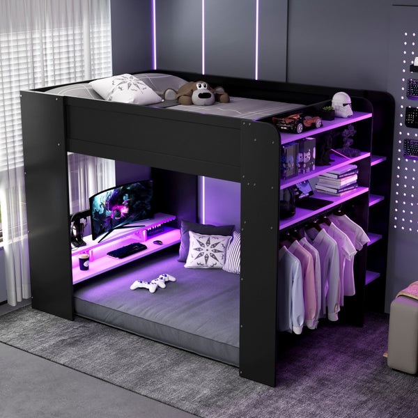 English Elm Full Size Gaming Bunk Bed with Rgb Lighting Desk Wardrobe and Built-in Storage LT100266AAI