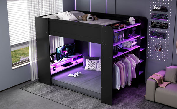 English Elm Full Size Gaming Bunk Bed with Rgb Lighting Desk Wardrobe and Built-in Storage LT100266AAI