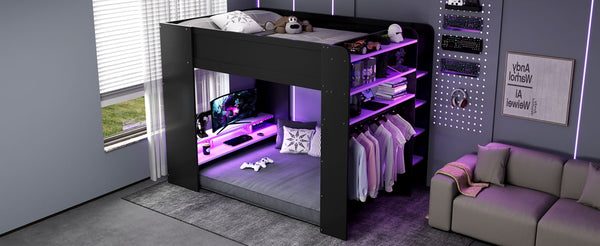 English Elm Full Size Gaming Bunk Bed with Rgb Lighting Desk Wardrobe and Built-in Storage LT100266AAI