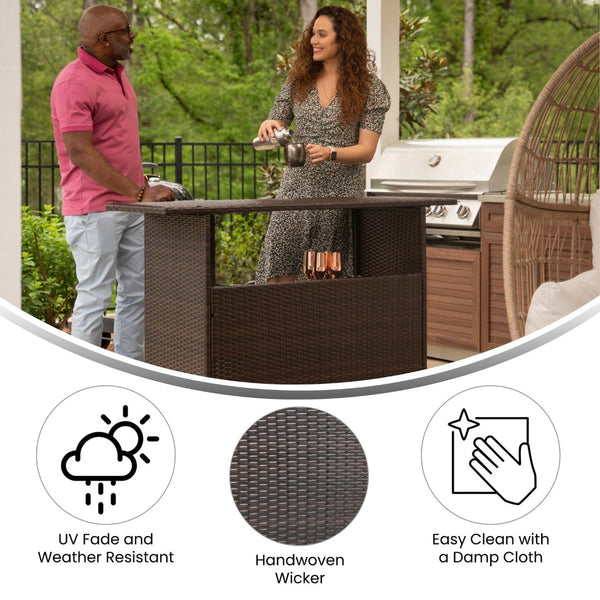 English Elm Marco Indoor/Outdoor Wicker Rattan Bar Counter Table with Storage Shelves for Entertaining Spaces Brown LTS-0165-BR-GG
