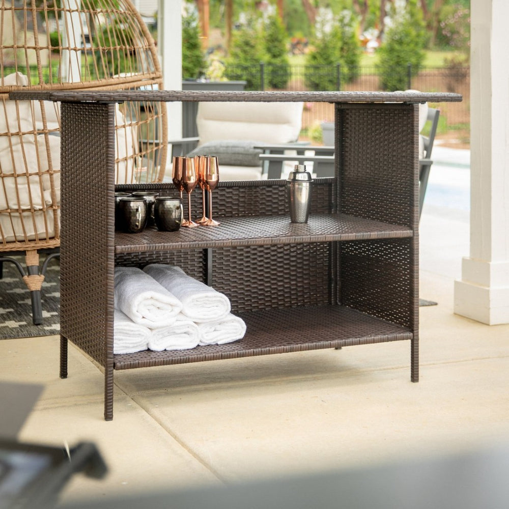 English Elm Marco Indoor/Outdoor Wicker Rattan Bar Counter Table with Storage Shelves for Entertaining Spaces Brown LTS-0165-BR-GG