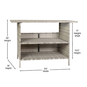 English Elm Marco Indoor/Outdoor Wicker Rattan Bar Counter Table with Storage Shelves for Entertaining Spaces Gray LTS-0165-GY-GG