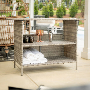 English Elm Marco Indoor/Outdoor Wicker Rattan Bar Counter Table with Storage Shelves for Entertaining Spaces Gray LTS-0165-GY-GG