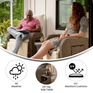 English Elm Nemo Versatile Indoor/Outdoor Wicker Rattan Recliner Chair with Flip-Up Table for Ultimate Comfort Beige Cushions/Brown Frame LTS-0422-BG-BR-GG