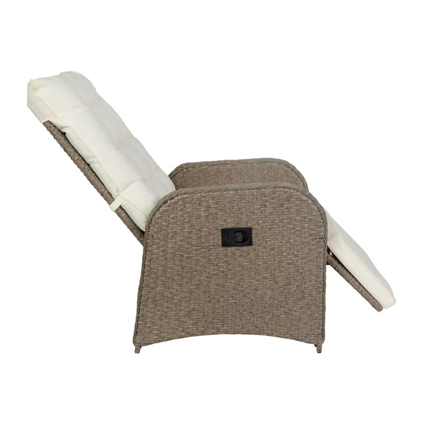 English Elm Nemo Versatile Indoor/Outdoor Wicker Rattan Recliner Chair with Flip-Up Table for Ultimate Comfort Beige Cushions/Brown Frame LTS-0422-BG-BR-GG