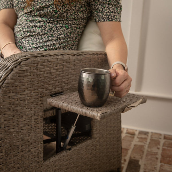 English Elm Nemo Versatile Indoor/Outdoor Wicker Rattan Recliner Chair with Flip-Up Table for Ultimate Comfort Beige Cushions/Brown Frame LTS-0422-BG-BR-GG