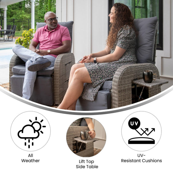 English Elm Nemo Versatile Indoor/Outdoor Wicker Rattan Recliner Chair with Flip-Up Table for Ultimate Comfort Gray Cushions/Gray Frame LTS-0422-GY-GY-GG