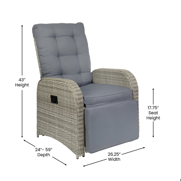 English Elm Nemo Versatile Indoor/Outdoor Wicker Rattan Recliner Chair with Flip-Up Table for Ultimate Comfort Gray Cushions/Gray Frame LTS-0422-GY-GY-GG