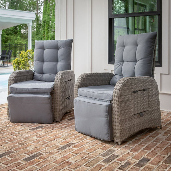 English Elm Nemo Versatile Indoor/Outdoor Wicker Rattan Recliner Chair with Flip-Up Table for Ultimate Comfort Gray Cushions/Gray Frame LTS-0422-GY-GY-GG