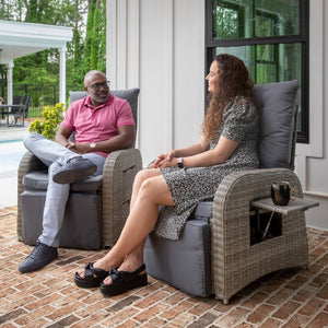 English Elm Nemo Versatile Indoor/Outdoor Wicker Rattan Recliner Chair with Flip-Up Table for Ultimate Comfort Gray Cushions/Gray Frame LTS-0422-GY-GY-GG