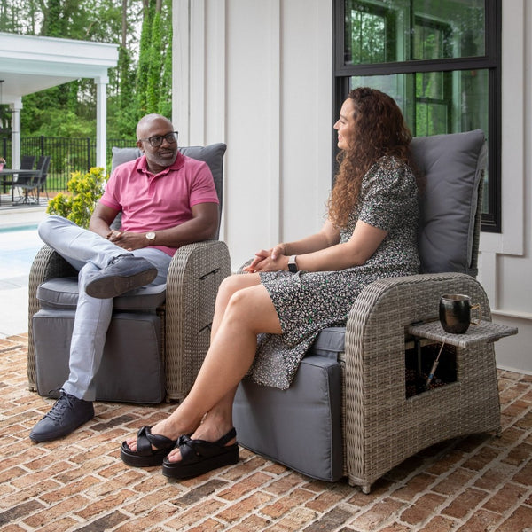 English Elm Nemo Versatile Indoor/Outdoor Wicker Rattan Recliner Chair with Flip-Up Table for Ultimate Comfort Gray Cushions/Gray Frame LTS-0422-GY-GY-GG